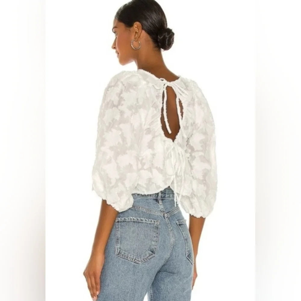 Free People Callie White Floral Aplique Peplum Blouse Tie Back Puff Sleeve.